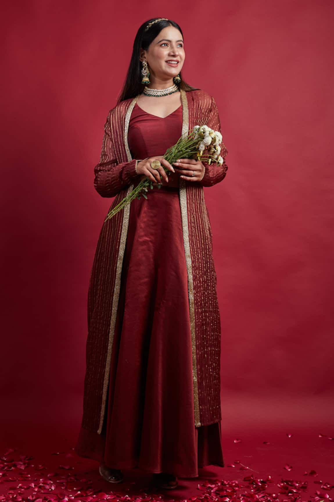 Vinusto Maroon Chanderi Jacket Skirt Set 