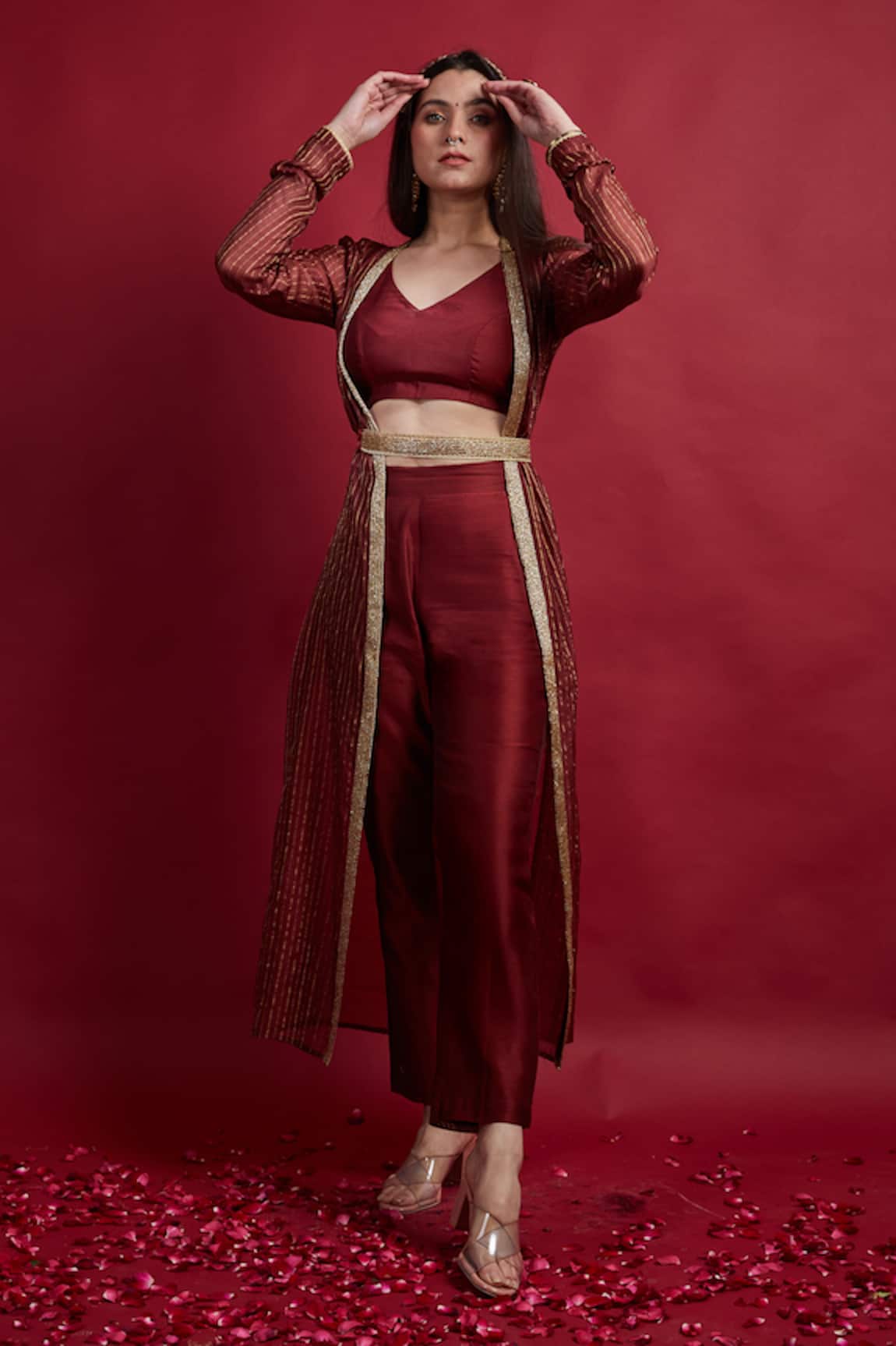 Vinusto Maroon Chanderi Jacket Set 