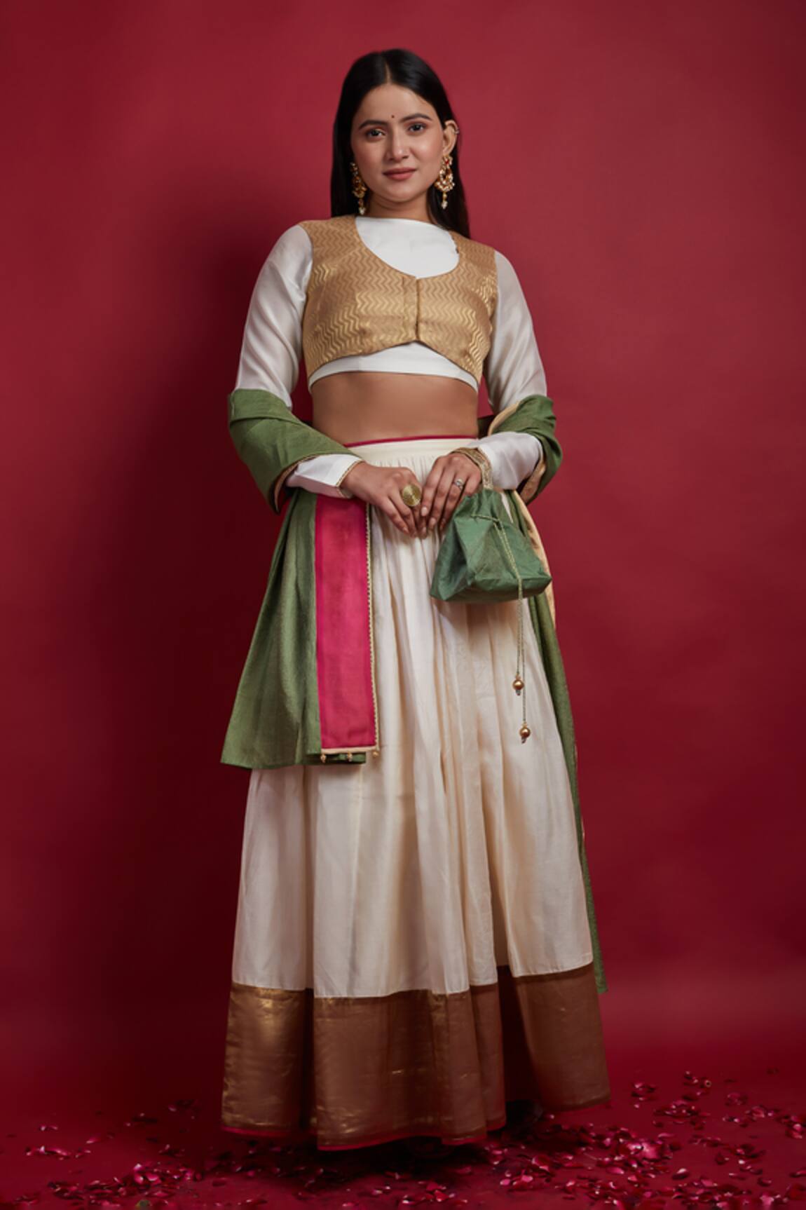 Vinusto Ivory Gold Chanderi Lehenga Set 