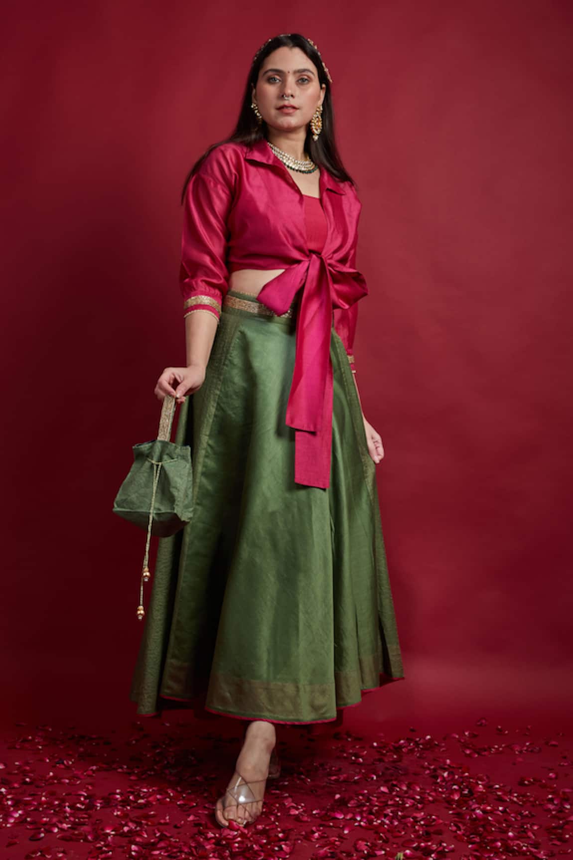 Vinusto Olive Green & Pink Fusion Lehenga Set 