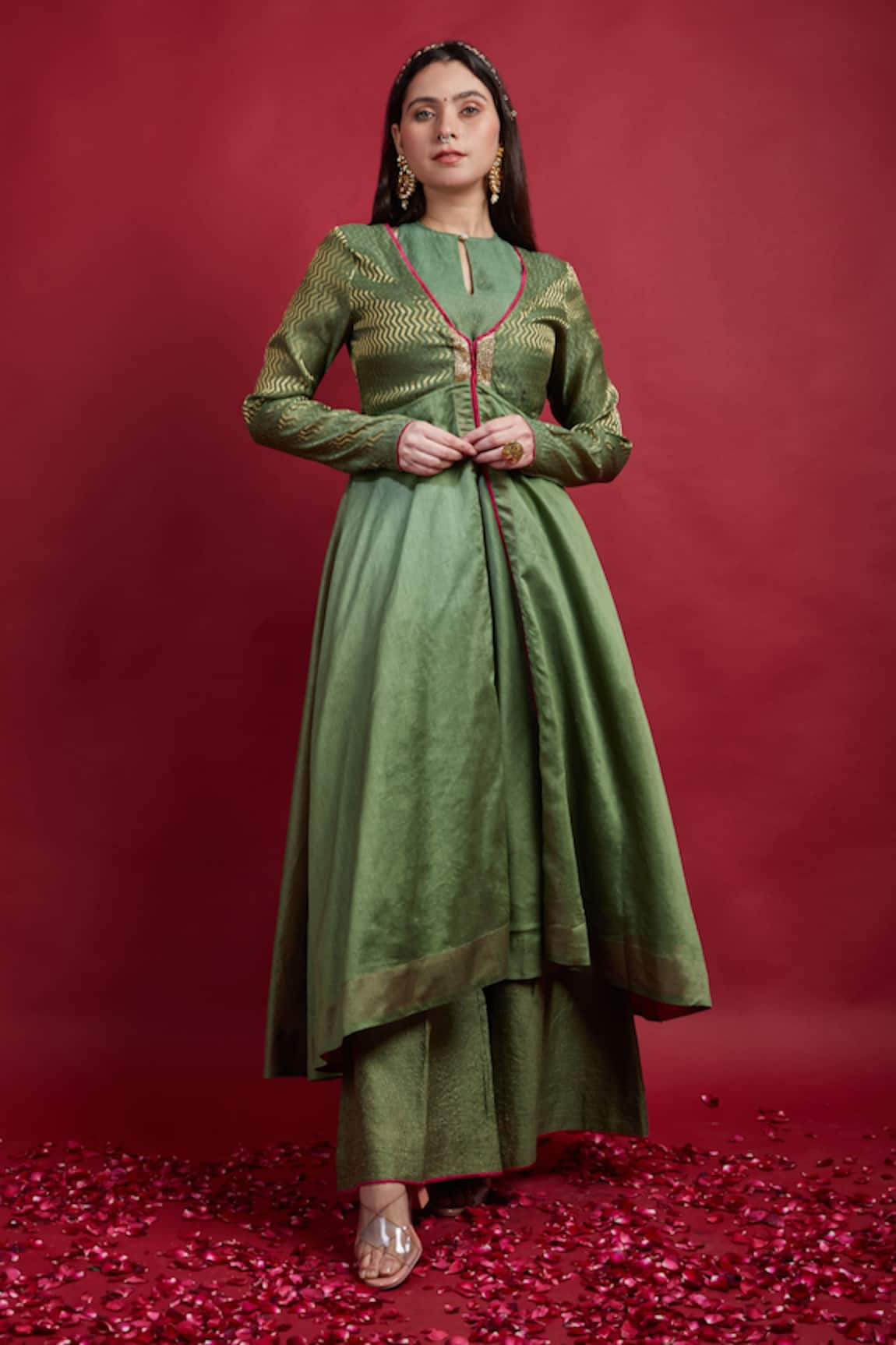 Vinusto Olive Green Flared Anarkali & Palazzo Set 