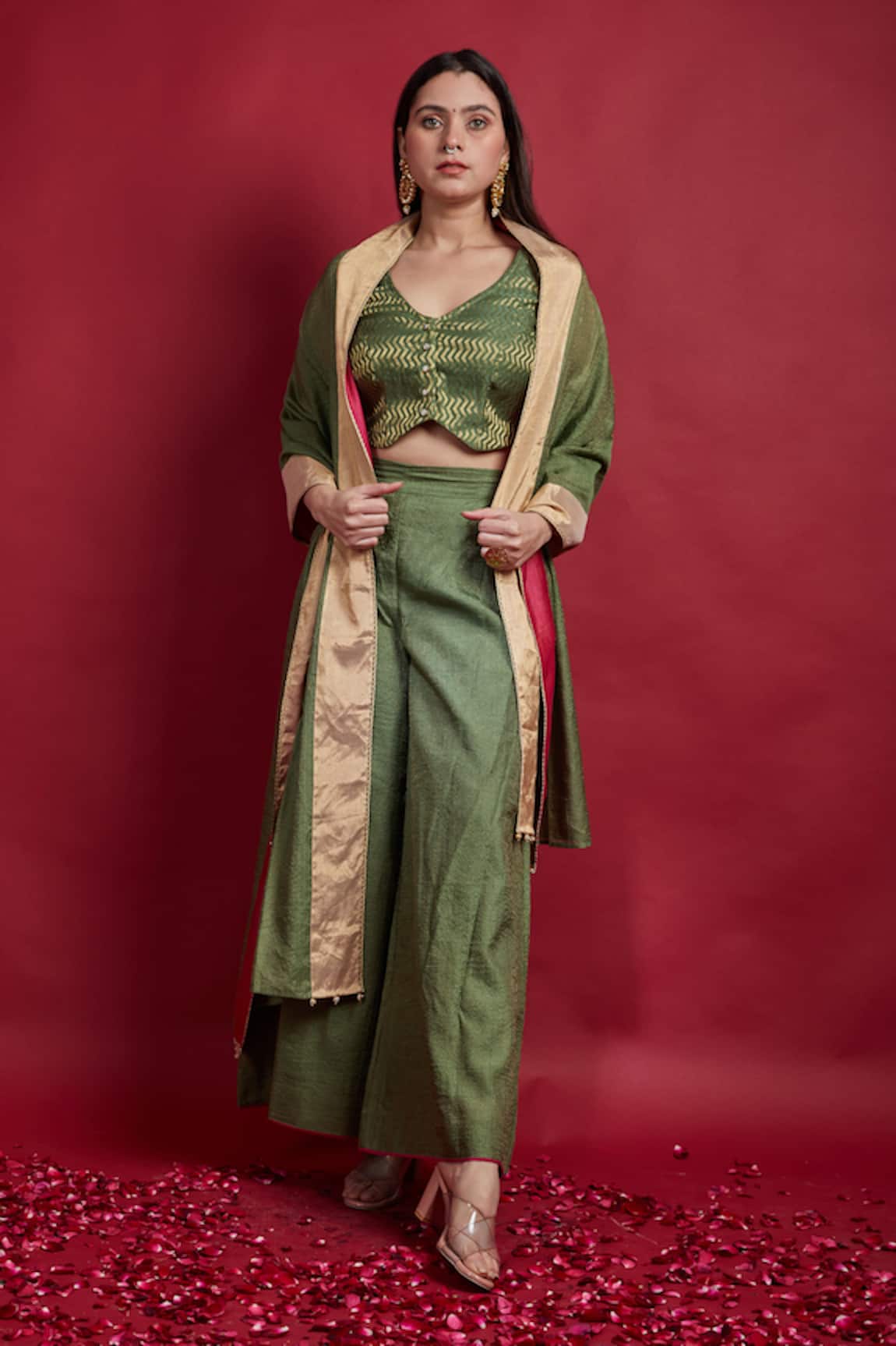 Vinusto Olive Green Chanderi Top & Palazzo Set 