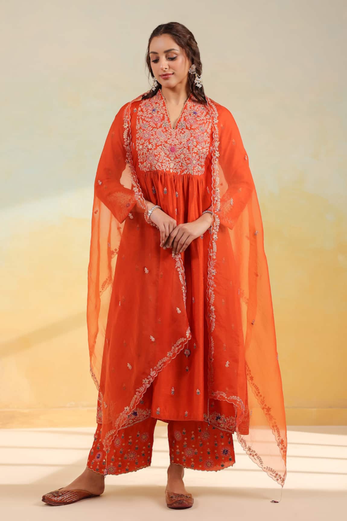 Label Niti Bothra Orange Kairi Buta Jaal Frockstyle Set 