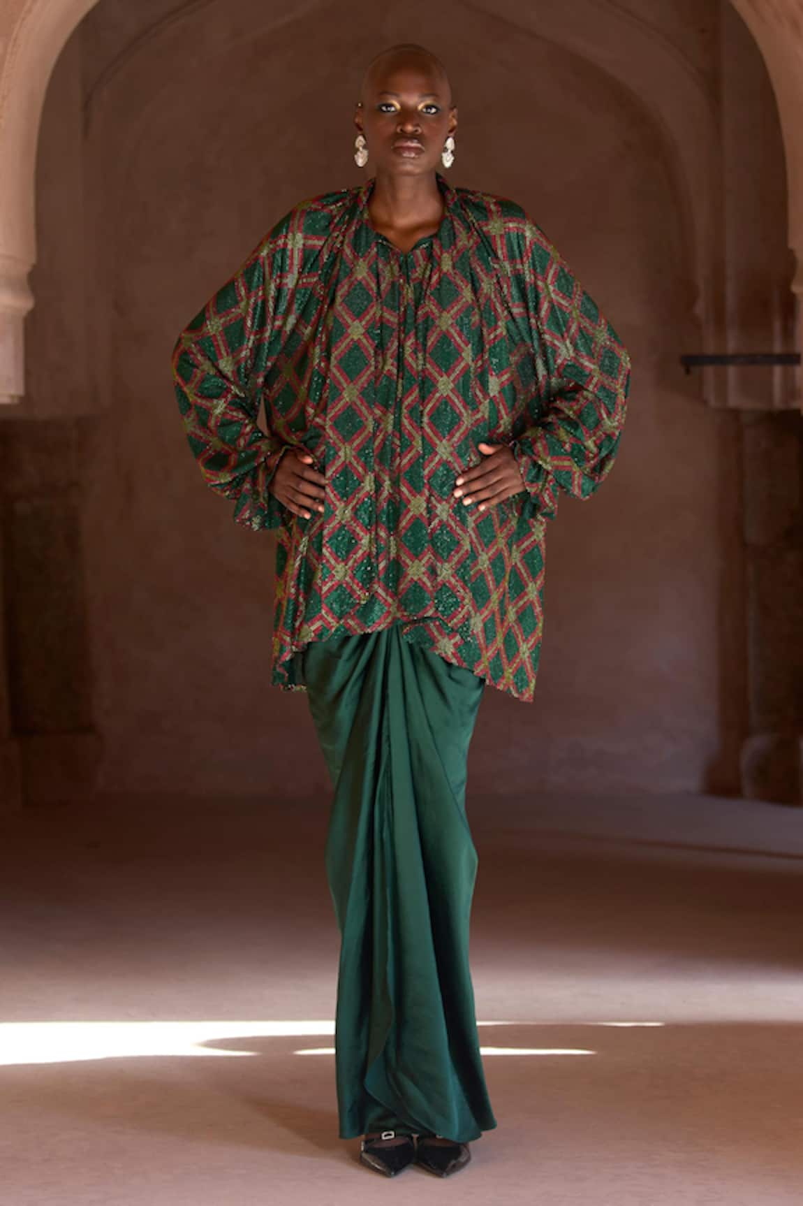 Itrh Crystal Embellished Tunic & Draped Skirt Set 