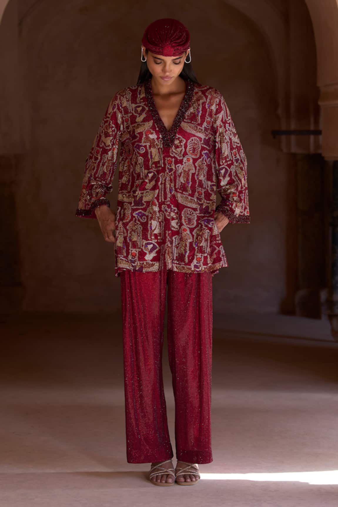 Itrh Maroon Crystal Embellished Tunic & Pant Set 