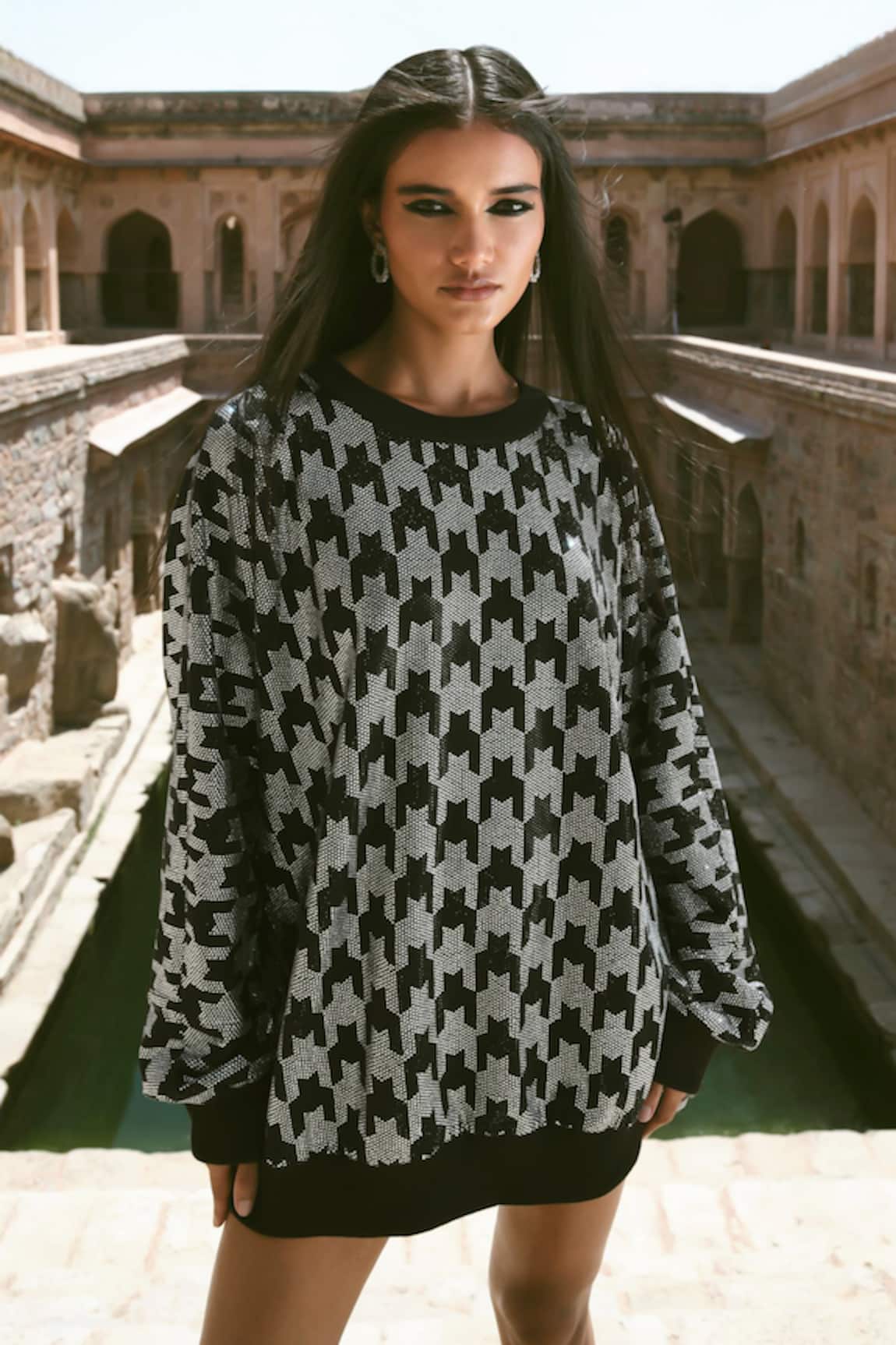 Itrh Houndstooth Pattern Oversized Sweatshirt Dress 