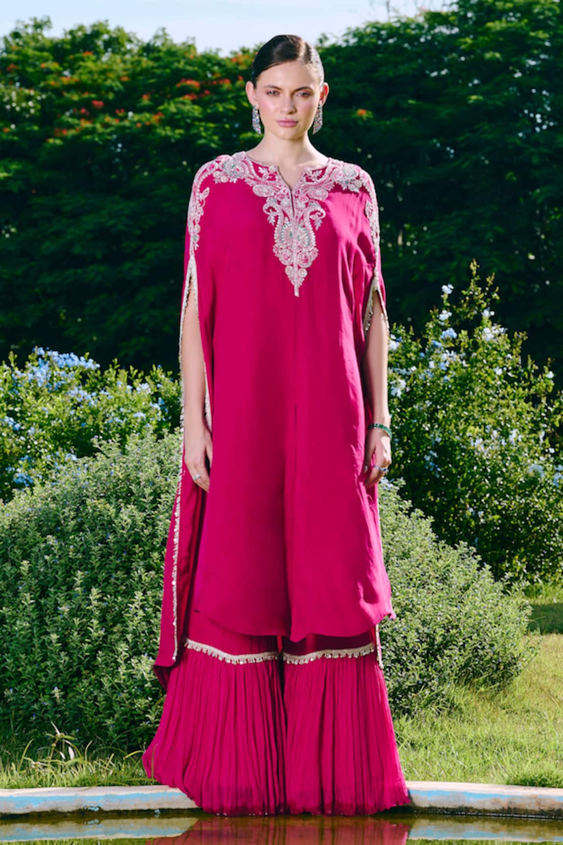 Charu And Vasundhara Embroidered Fuschia Kurta & Sharara Set 