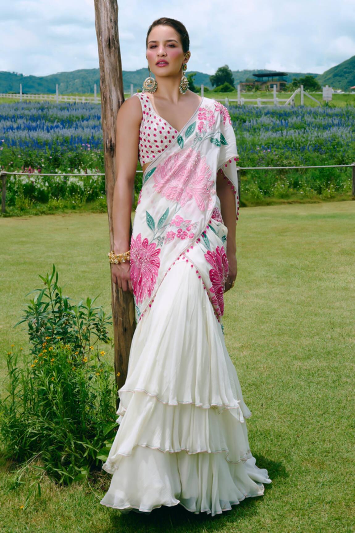 Charu And Vasundhara Appliqued Embroidered Pre Draped Lehenga Saree With Blouse 