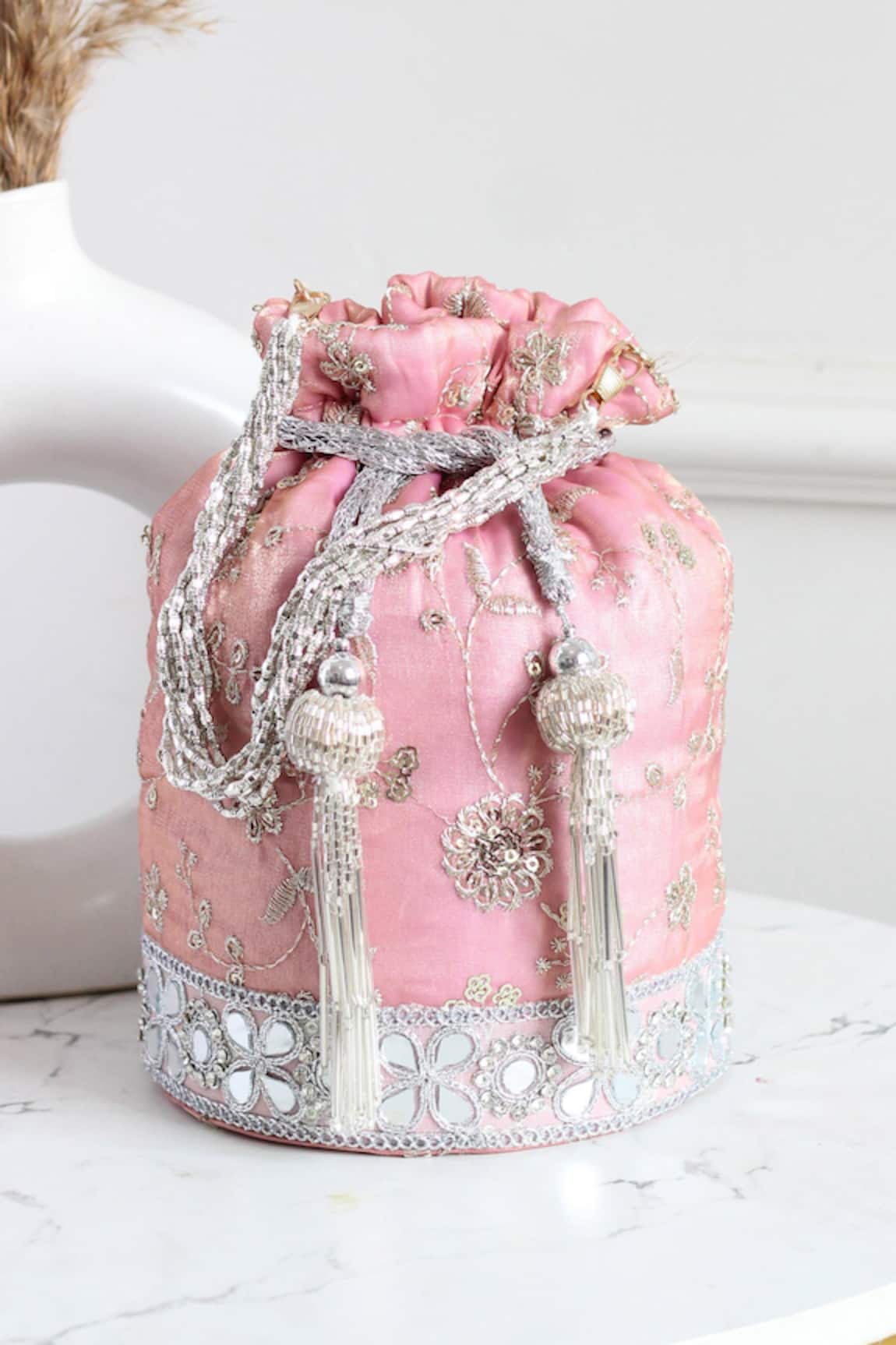 Boxwish By Bhumika Silk Zari Mirror Lace Potli Bag 