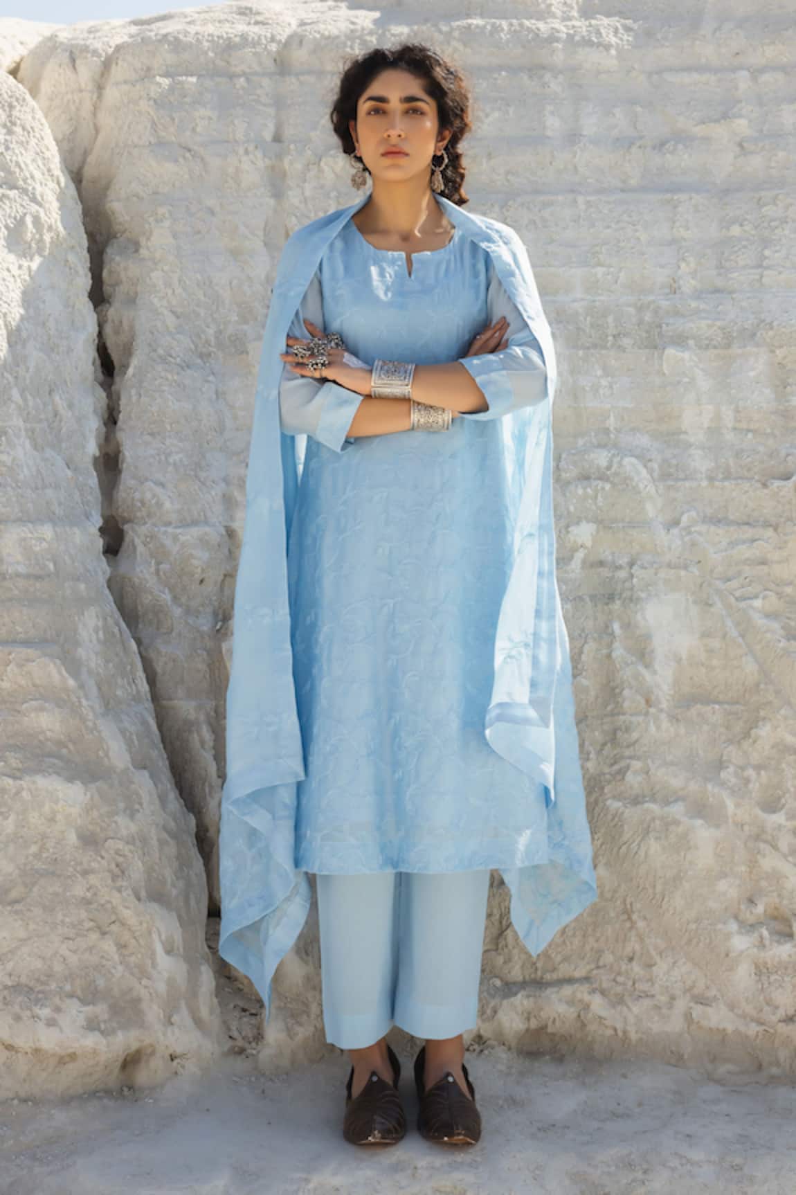 Karaj Jaipur Ice Blue Chikankari Kurta Set 