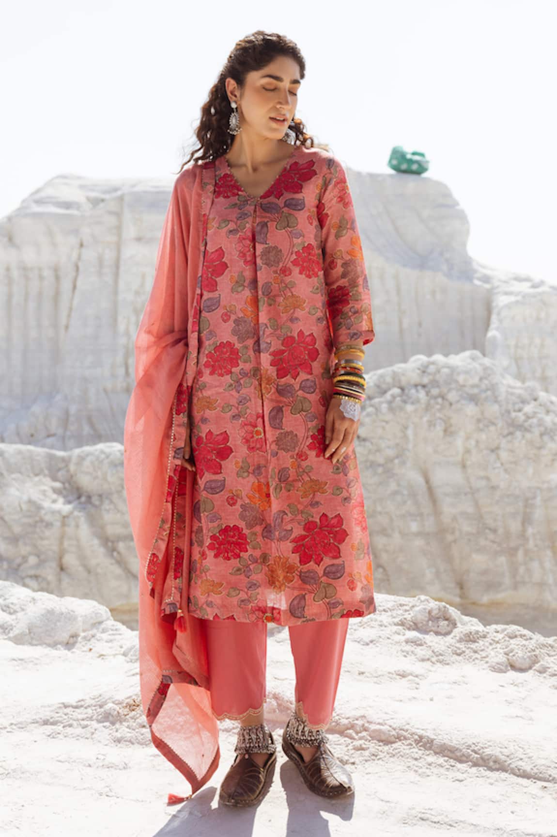 Karaj Jaipur Rose Pink Linen Kurta Set 