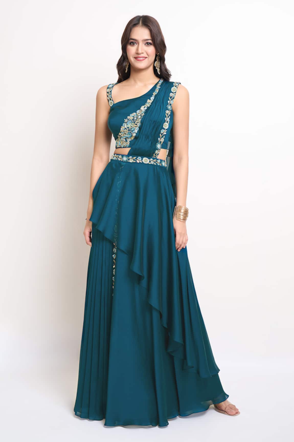 Samyukta Singhania Embroidered Pre-Draped Saree With Blouse 