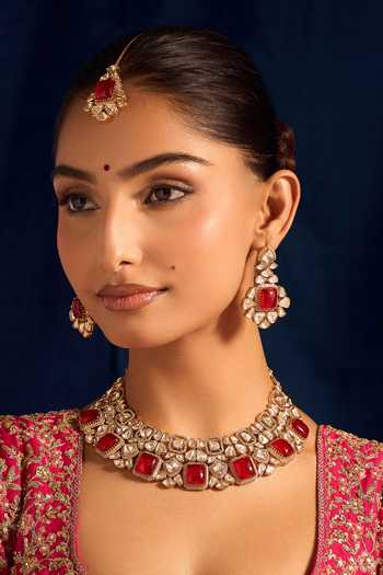 Nazaakat By Samara Singh Ruby Red Kundan Jewelry Set 