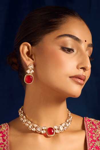 Nazaakat By Samara Singh Ruby Red Kundan Necklace & Earring Set 