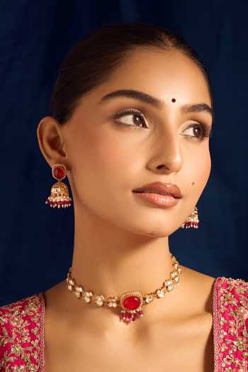 Nazaakat By Samara Singh Ruby Red Kundan Necklace & Earring Set 
