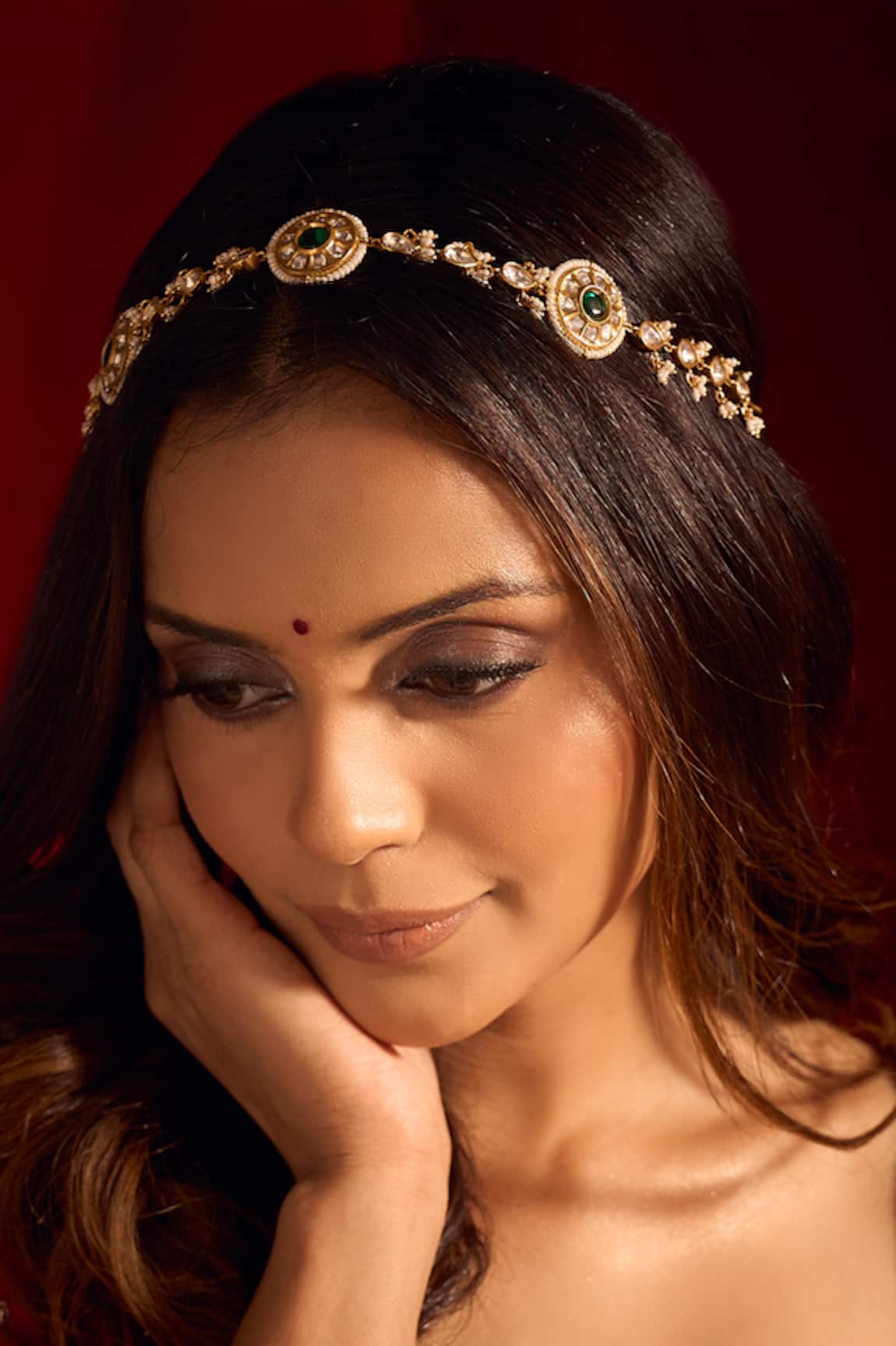 Nazaakat By Samara Singh Kundan Green Brass Mathapatti