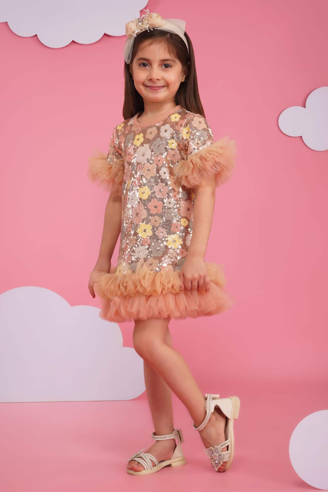 Hoity Moppet Sequin Floral Dress With Ruffled Hem 