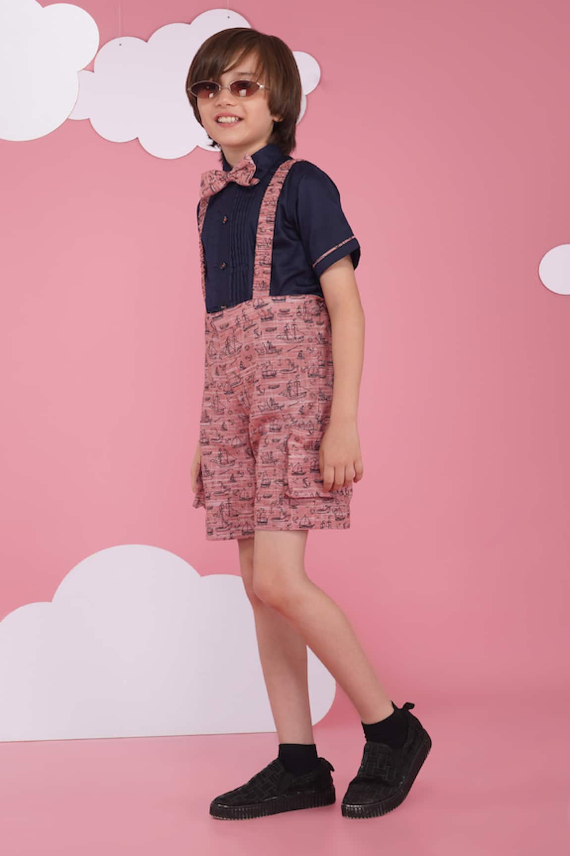 Hoity Moppet Blue Premium Cotton Shirt & Dungaree Shorts Set 