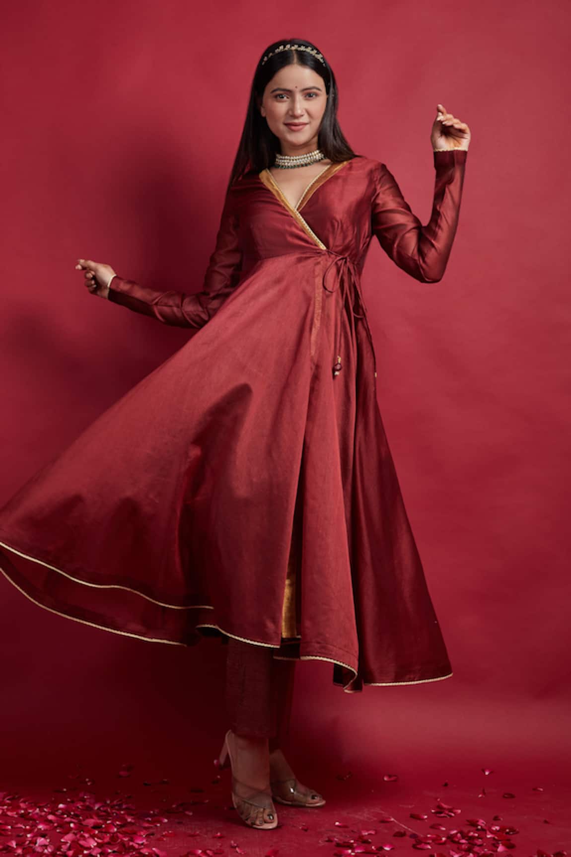 Vinusto Maroon Flared Anarkali & Pant Set 