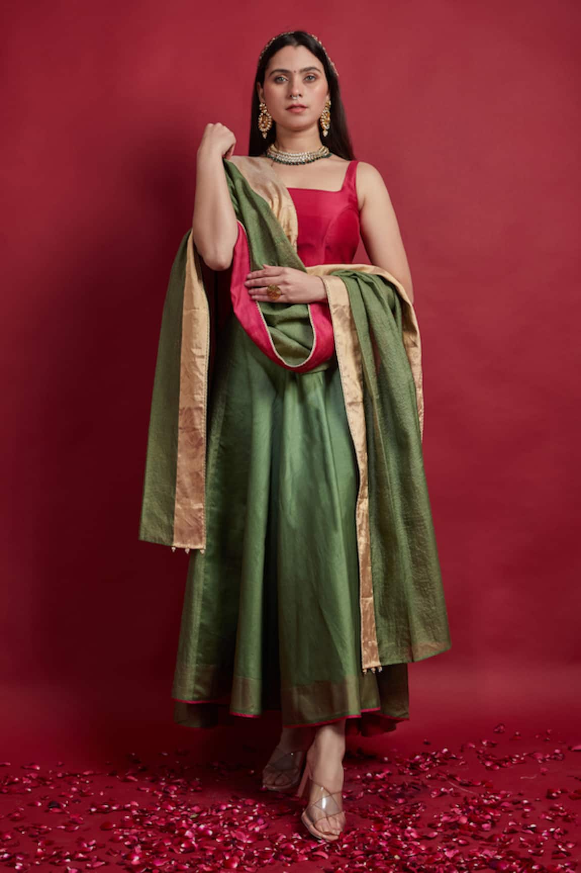 Vinusto Olive Green High Low Lehenga Set 