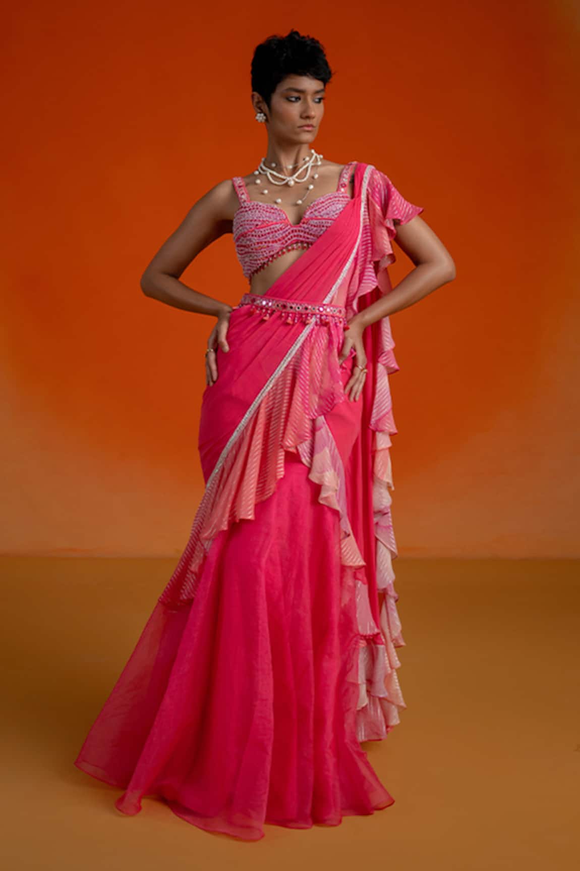 Shashank Arya Ombre Jamewar Print Pre-Draped Saree Set 