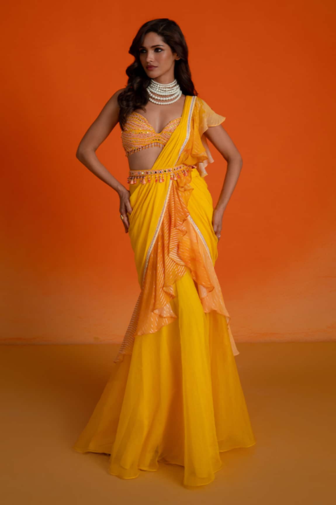 Shashank Arya Yellow Pre-Draped Saree Set 
