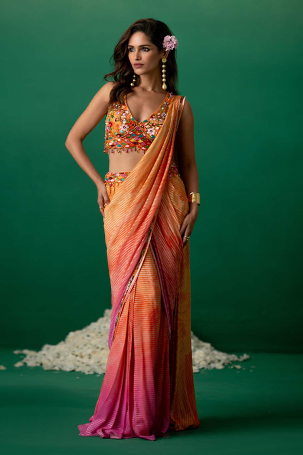 Shashank Arya Multi Color Ombre Floral Pre-Draped Saree 