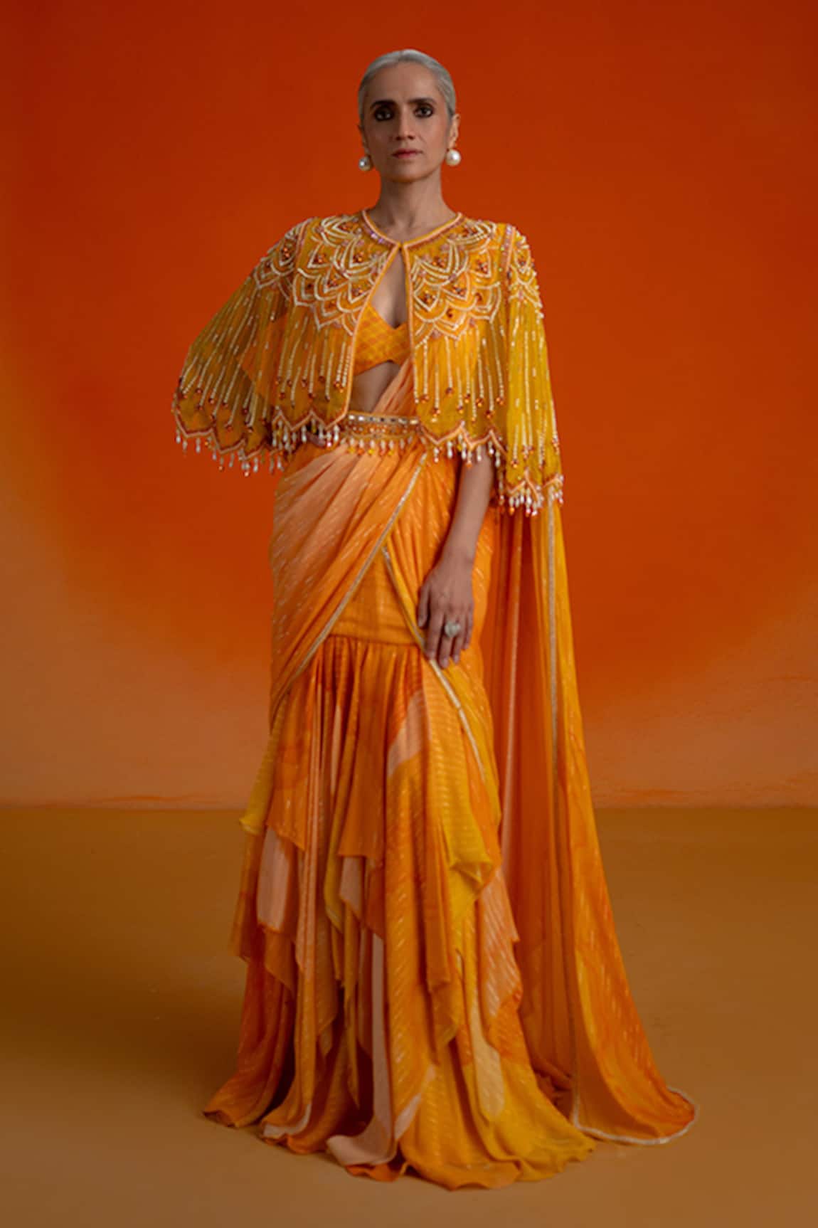 Shashank Arya Floral Print Pre-Draped Saree Set 