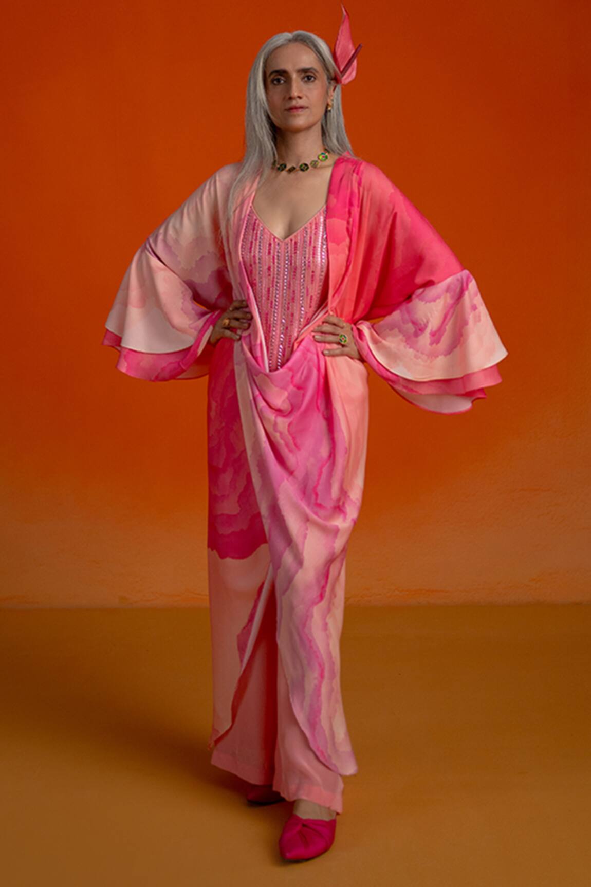 Shashank Arya Ombre Floral Kurti Pant Set With Jacket 