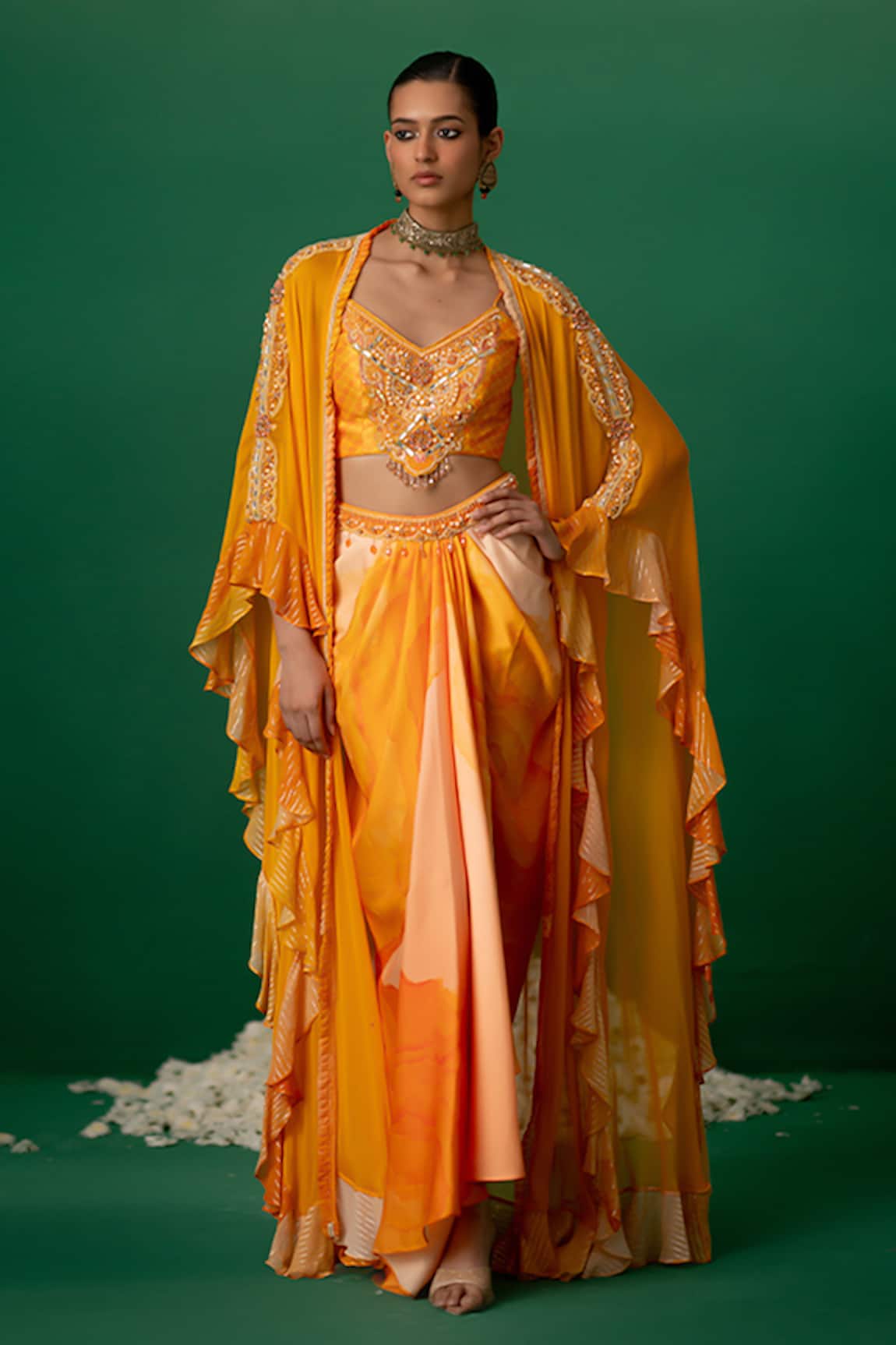 Shashank Arya Orange Block Print Dhoti Set With Cape 
