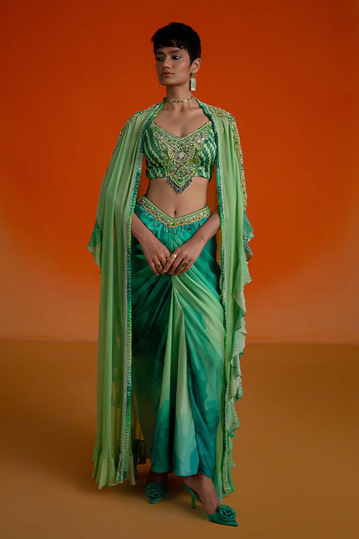 Shashank Arya Floral Print Green Dhoti Set 