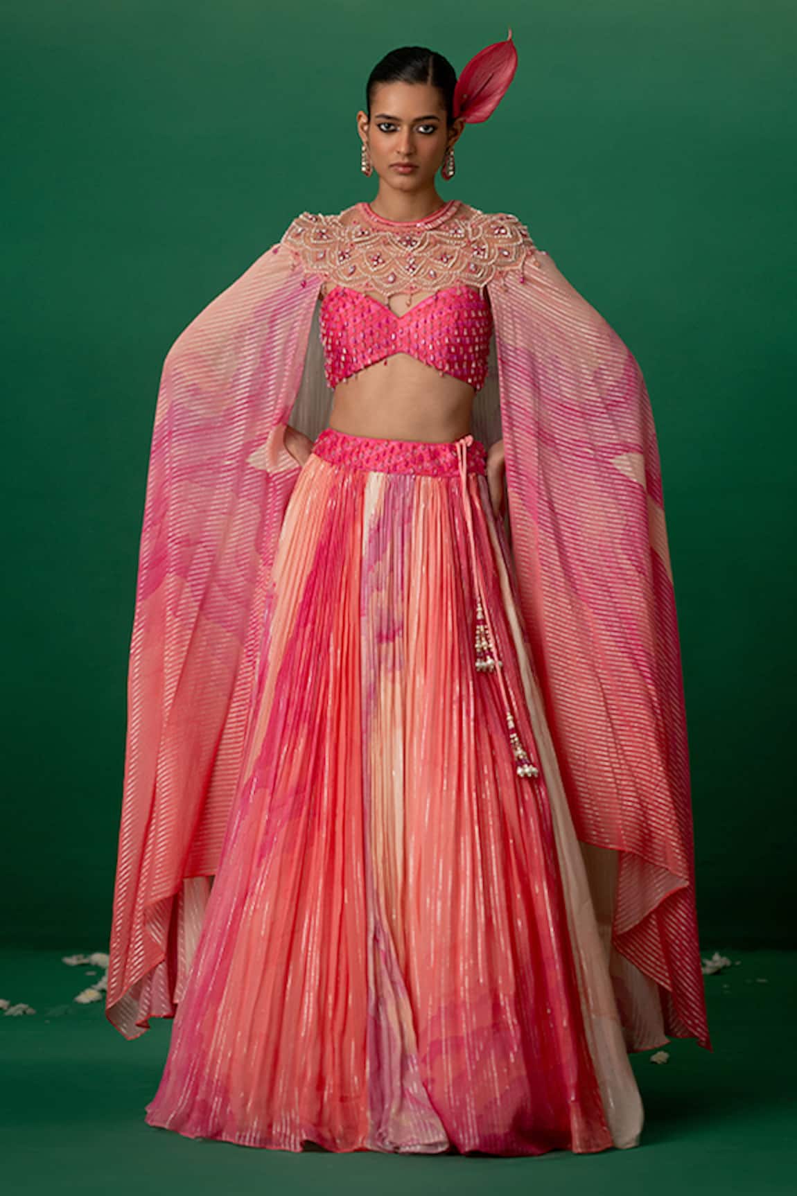 Shashank Arya Ombre Floral Lehenga Set With Cape 