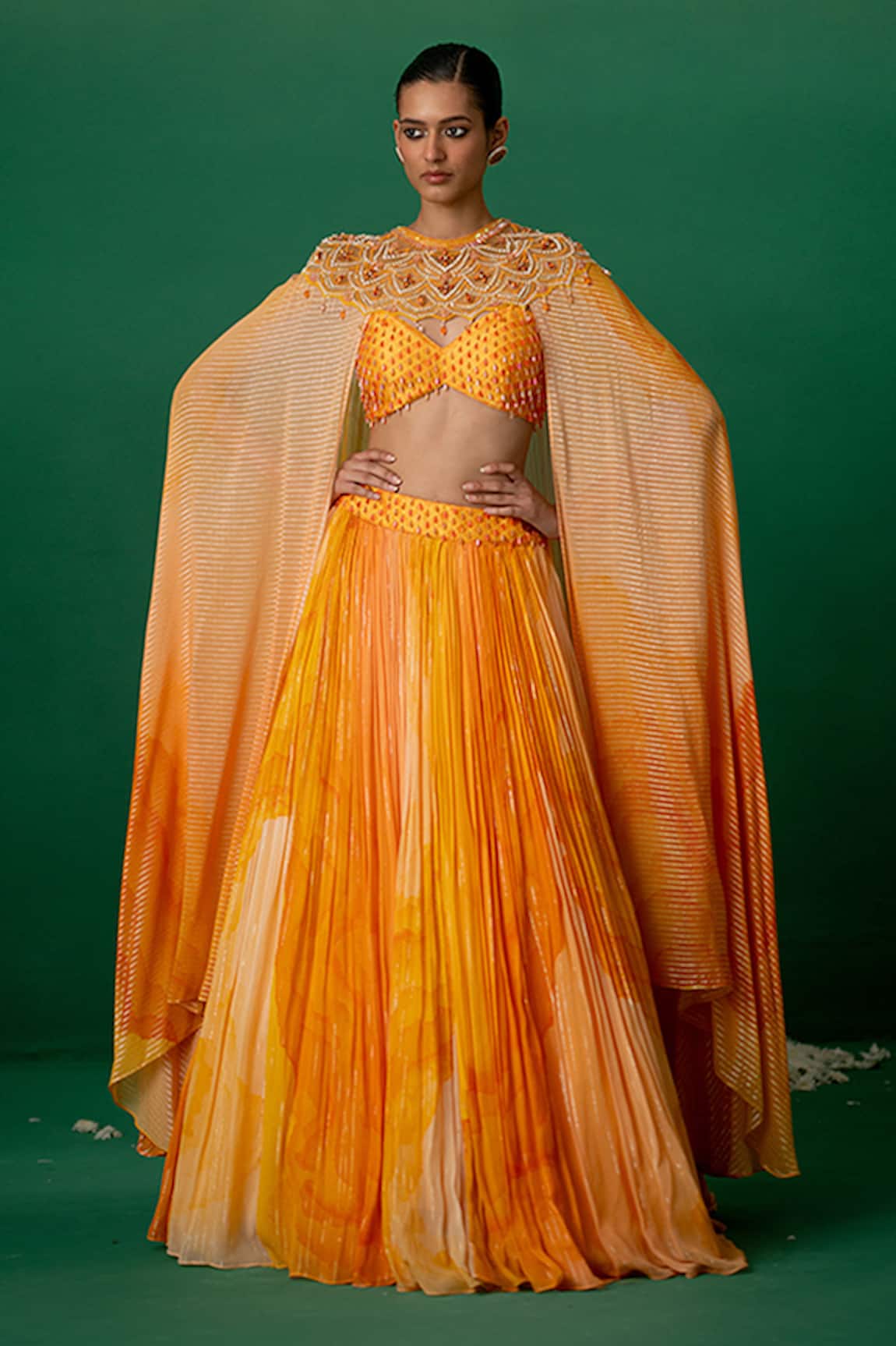 Shashank Arya Orange Block Print Lehenga Set with Cape 
