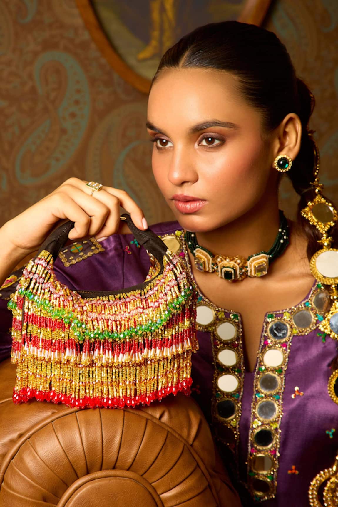 Forever Noor Faiza Boat Bag in Multi Red Gold 