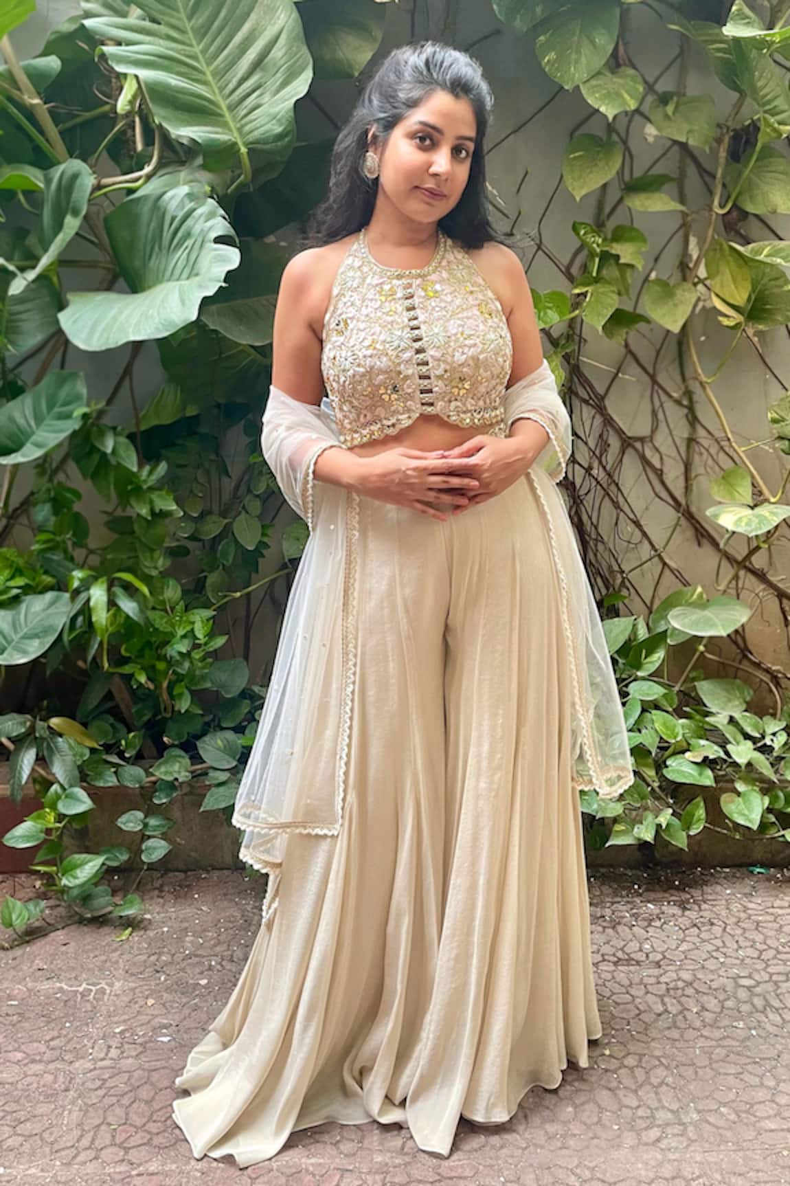 Aaryaa By Kashveen Kohli Ivory Hand Embroidered Blouse & Palazzo Set 