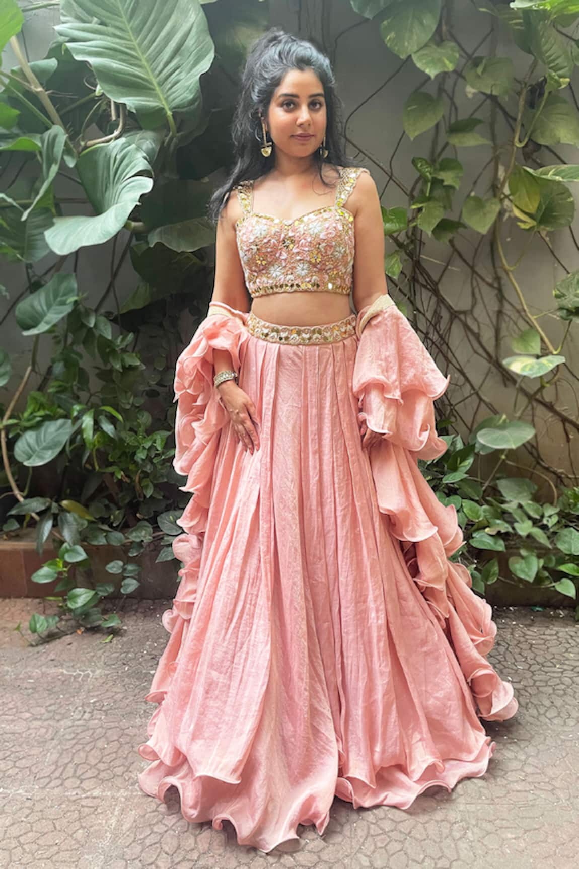 Aaryaa By Kashveen Kohli Blush Peach Embroidered Blouse Lehenga Set 