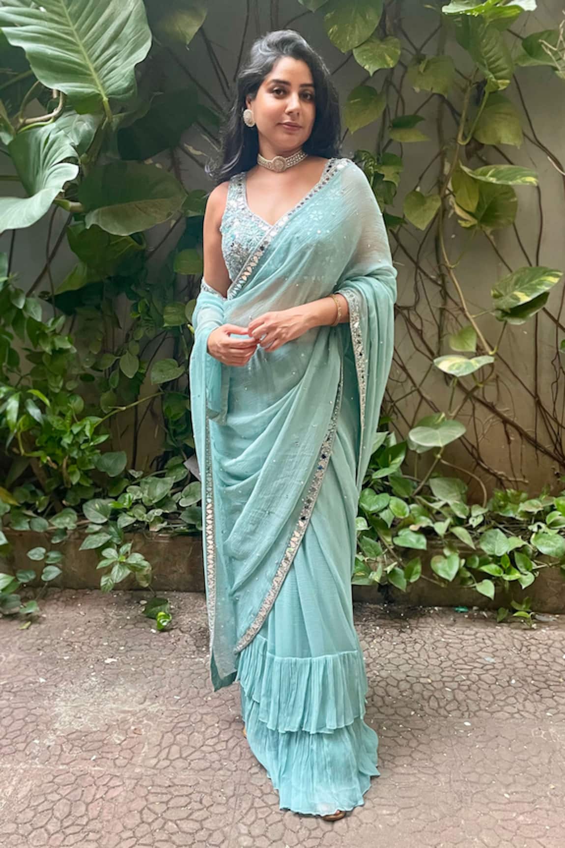 Aaryaa By Kashveen Kohli Sky Blue Hand Embroidered Saree Set 