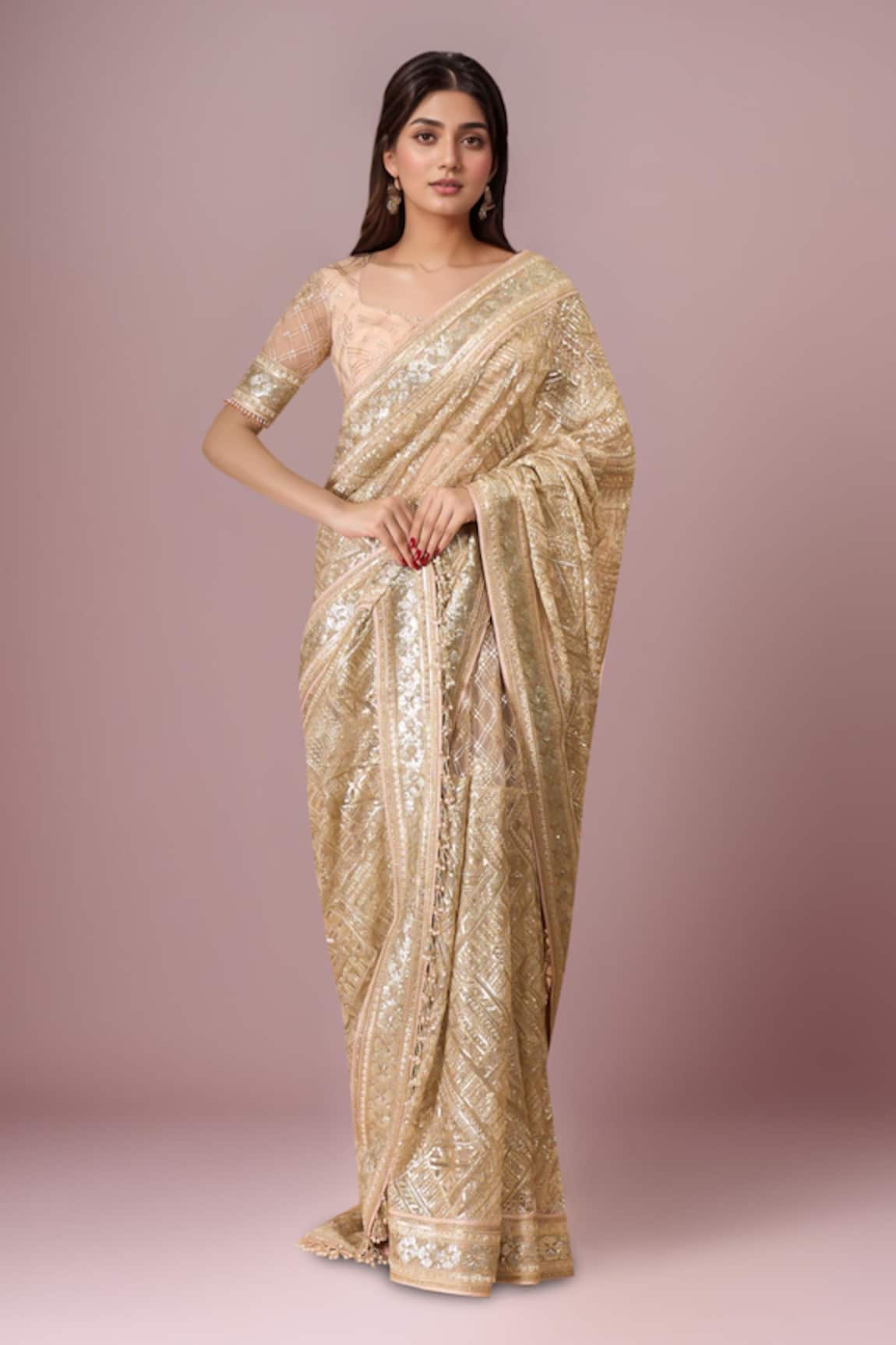Tarun Tahiliani Blush Saree Set With Embellished Blouse 