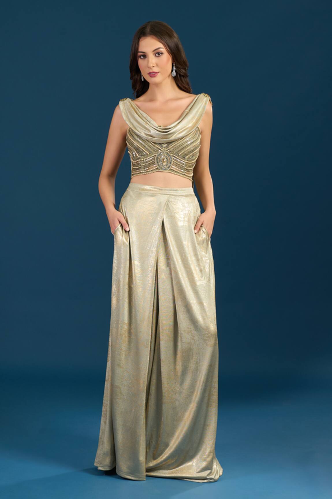 Tarun Tahiliani Jade Gold Bustier Trouser Set 