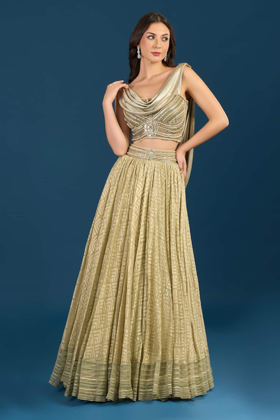 Tarun Tahiliani Gold Jade Skirt Bustier Set 