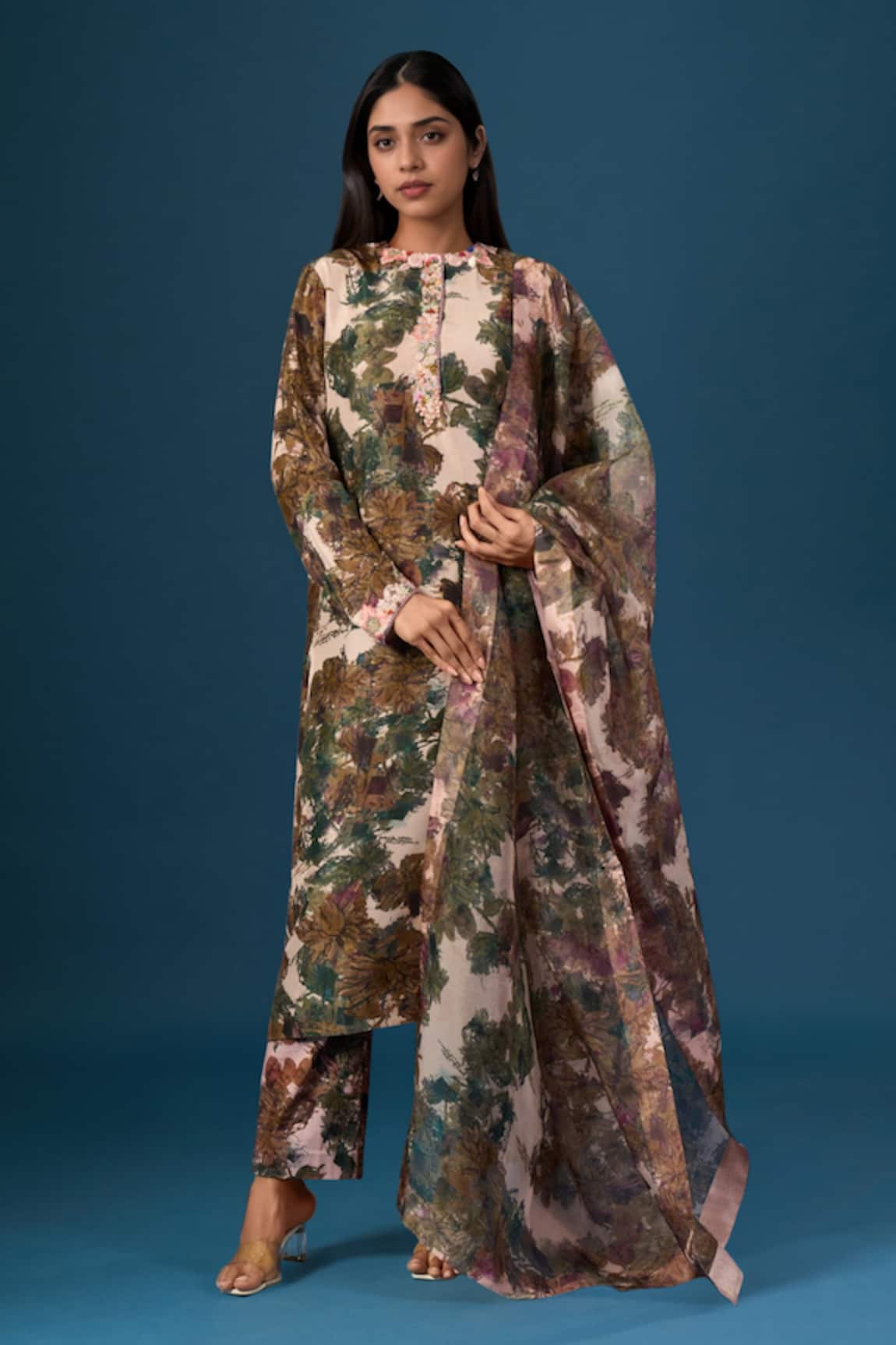 Anamika Khanna Floral Print Baby Pink Kurta Set