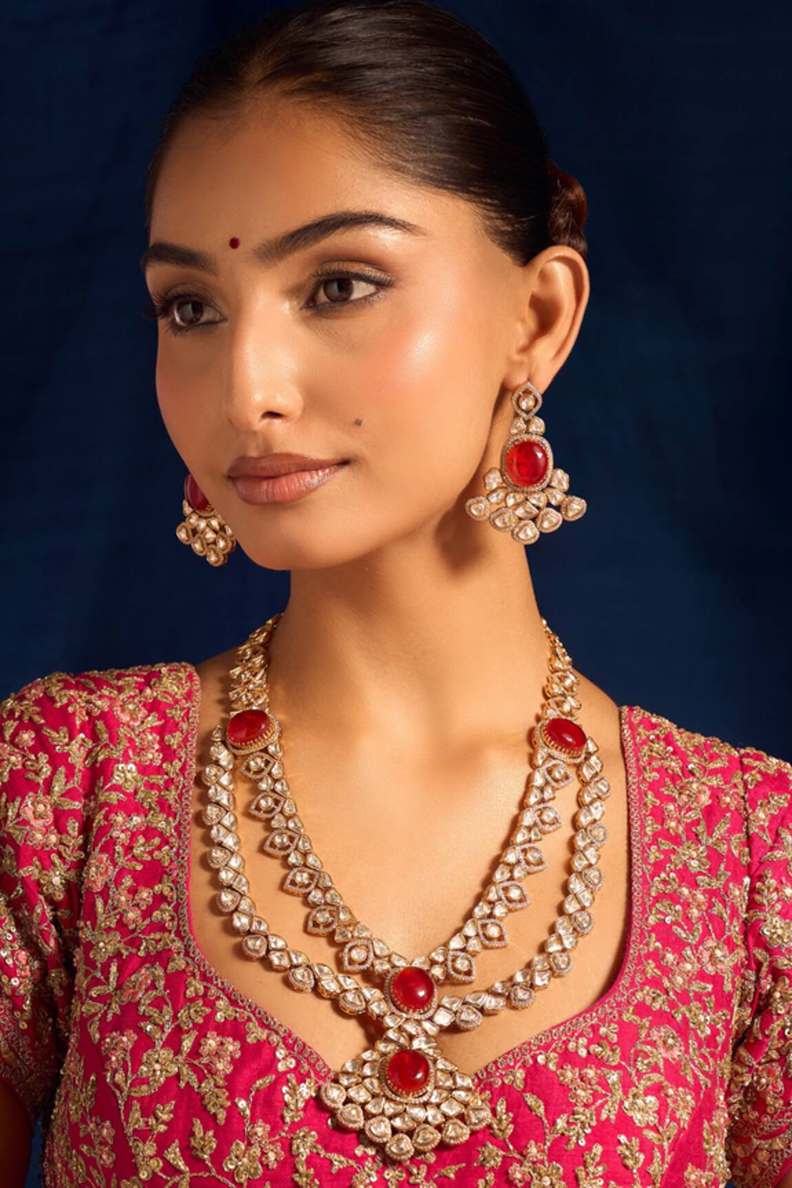 Nazaakat By Samara Singh Ruby Red Kundan Necklace & Earring Set 