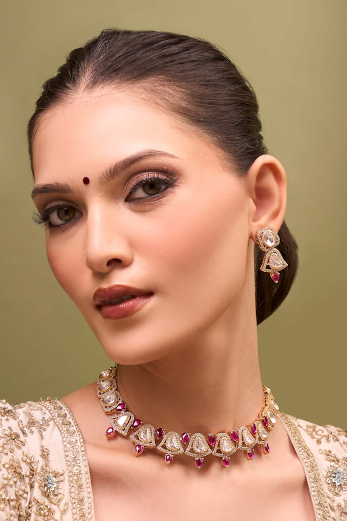 Nazaakat By Samara Singh Kundan Ruby Pink Necklace & Earrings Set 