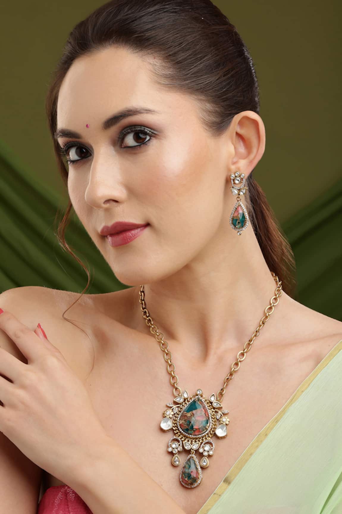 Ruby Raang Natural Stones Antique Finish Earrings and Necklace set 