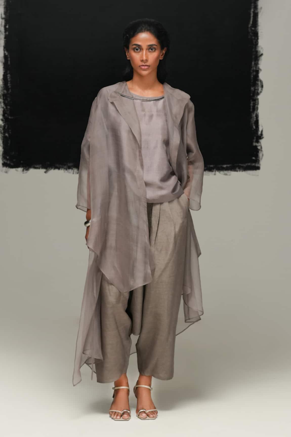 Urvashi Kaur Steel Grey Handwoven Organza Overlay 