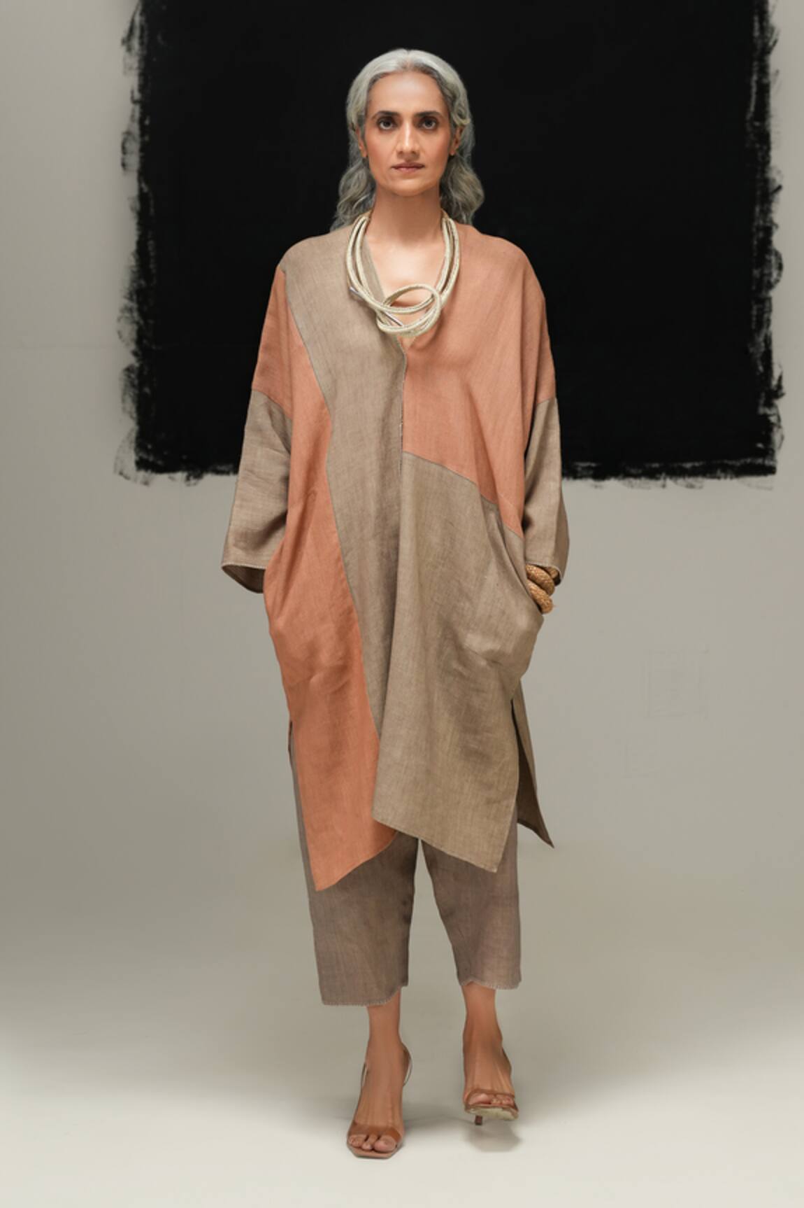 Urvashi Kaur Rust & Warm Grey Linen Dress 