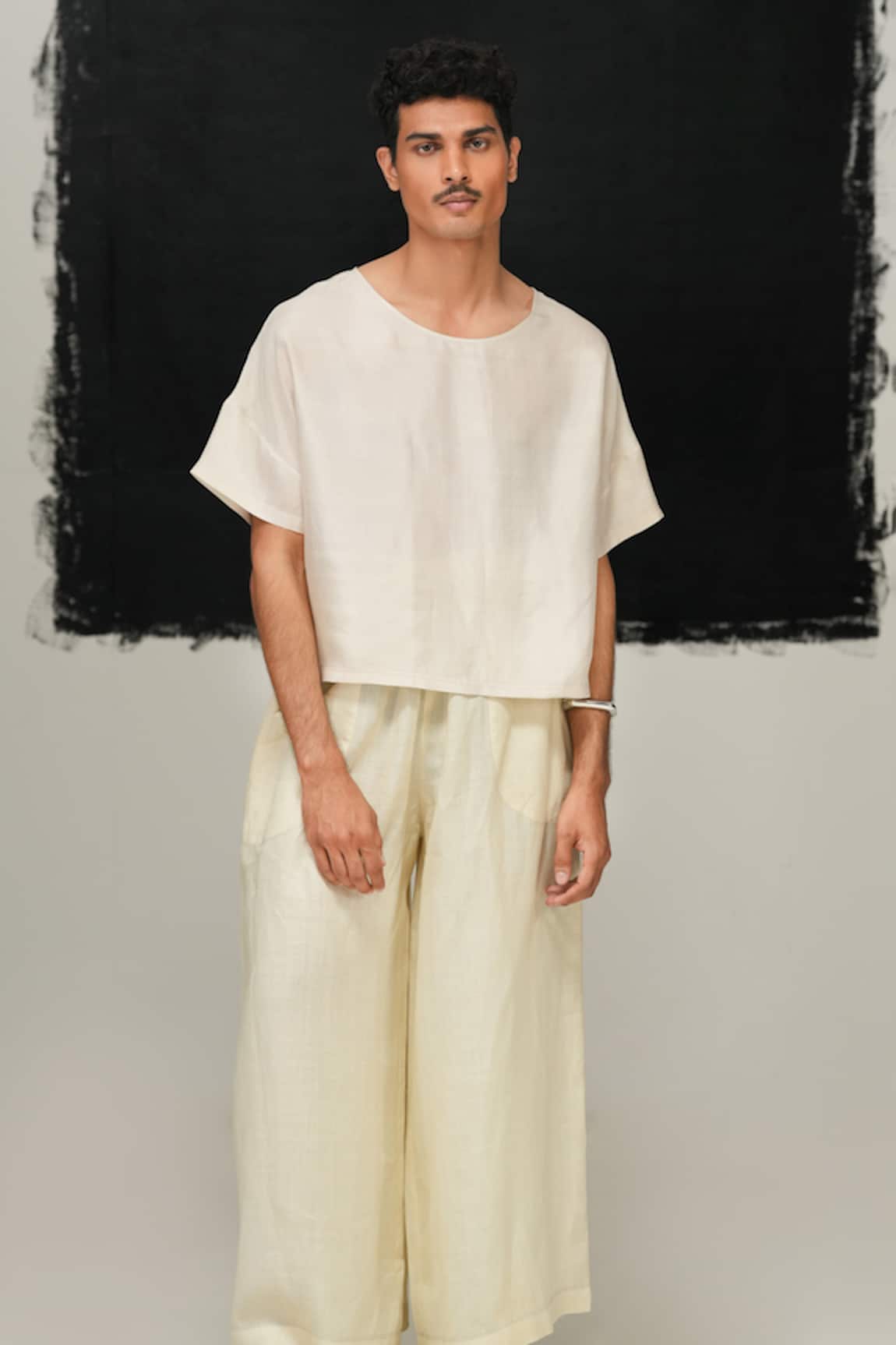 Urvashi Kaur Designer Pearl White Handwoven Silk T-shirt 