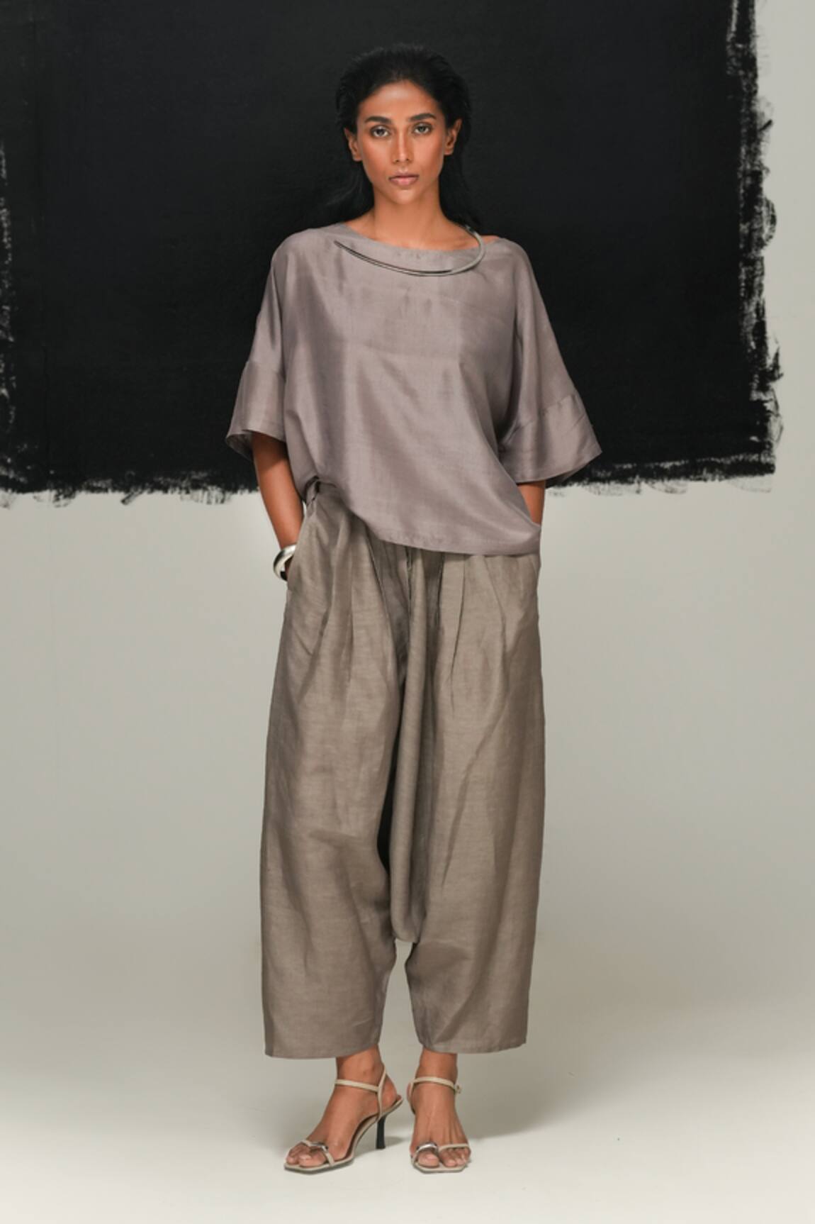 Urvashi Kaur Steel Grey Handwoven Silk Top 