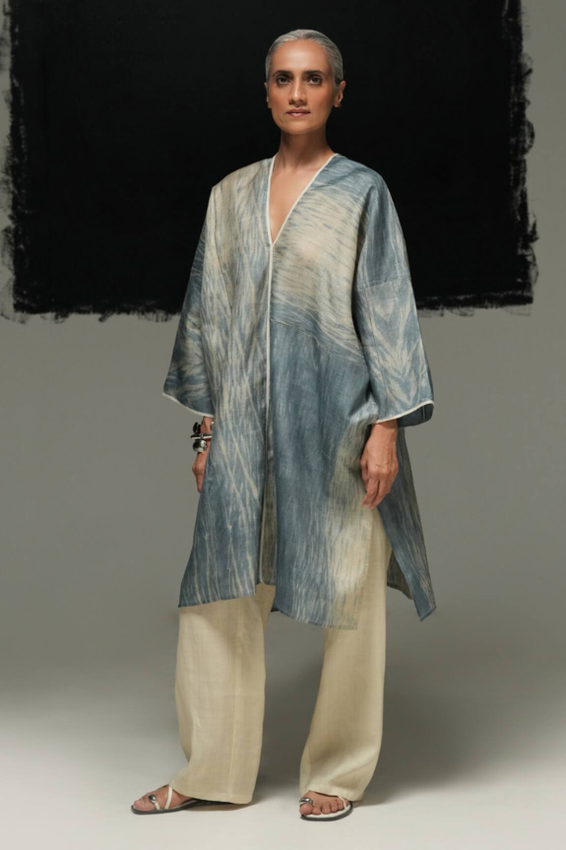 Urvashi Kaur Denim Blue Handwoven Tussar Silk Dress 