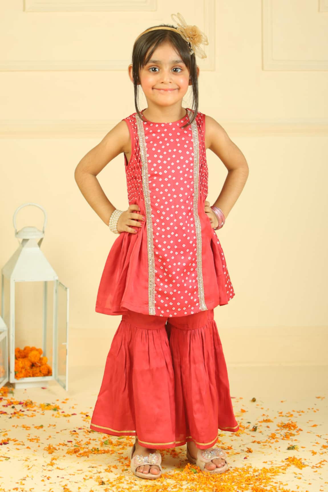 Pankhuri By Priyanka Red Modal Satin Bandhani Gharara Set 
